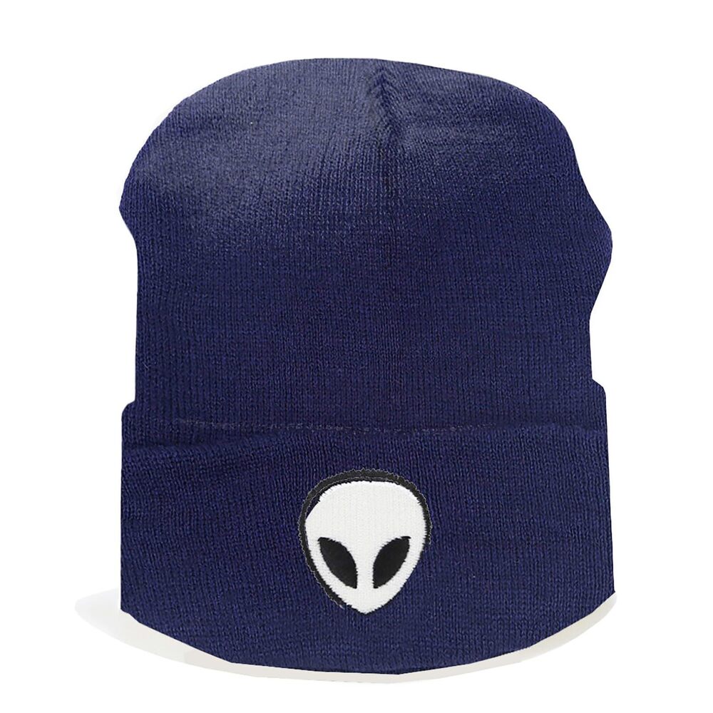 2382 Alien Embroidered Cuffed Beanie Hat Graphic Knitted Skull Cap Double